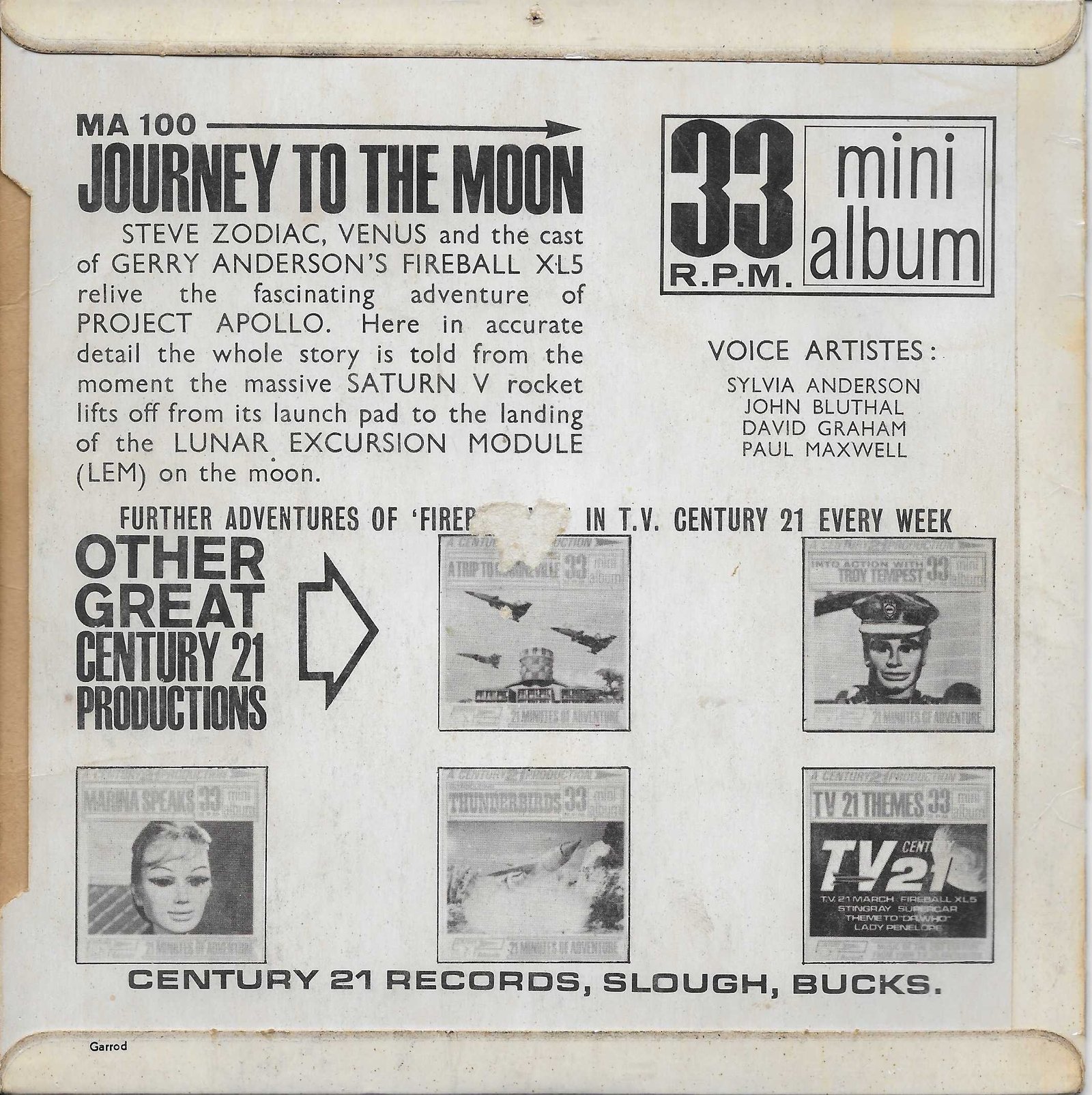 MA 100 Journey to the Moon Alan Fennell / Barry Gray from ITV, Channel 4 and Channel 5 library Back cover of MA 100